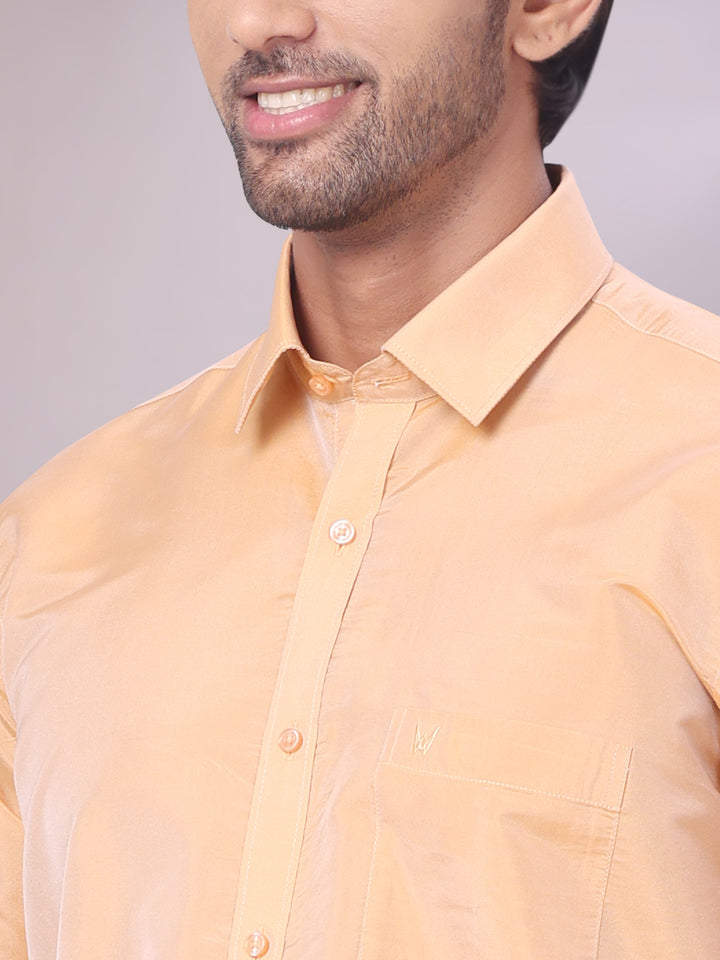 Mens Art Silk Dark Gold Full Sleeves Shirt with Gold Jari Border Flexi Dhoti & Towel Combo Blush