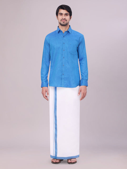 Men's Blue Colour Shirt with Matching Fancy Border Dhoti Combo Lemax