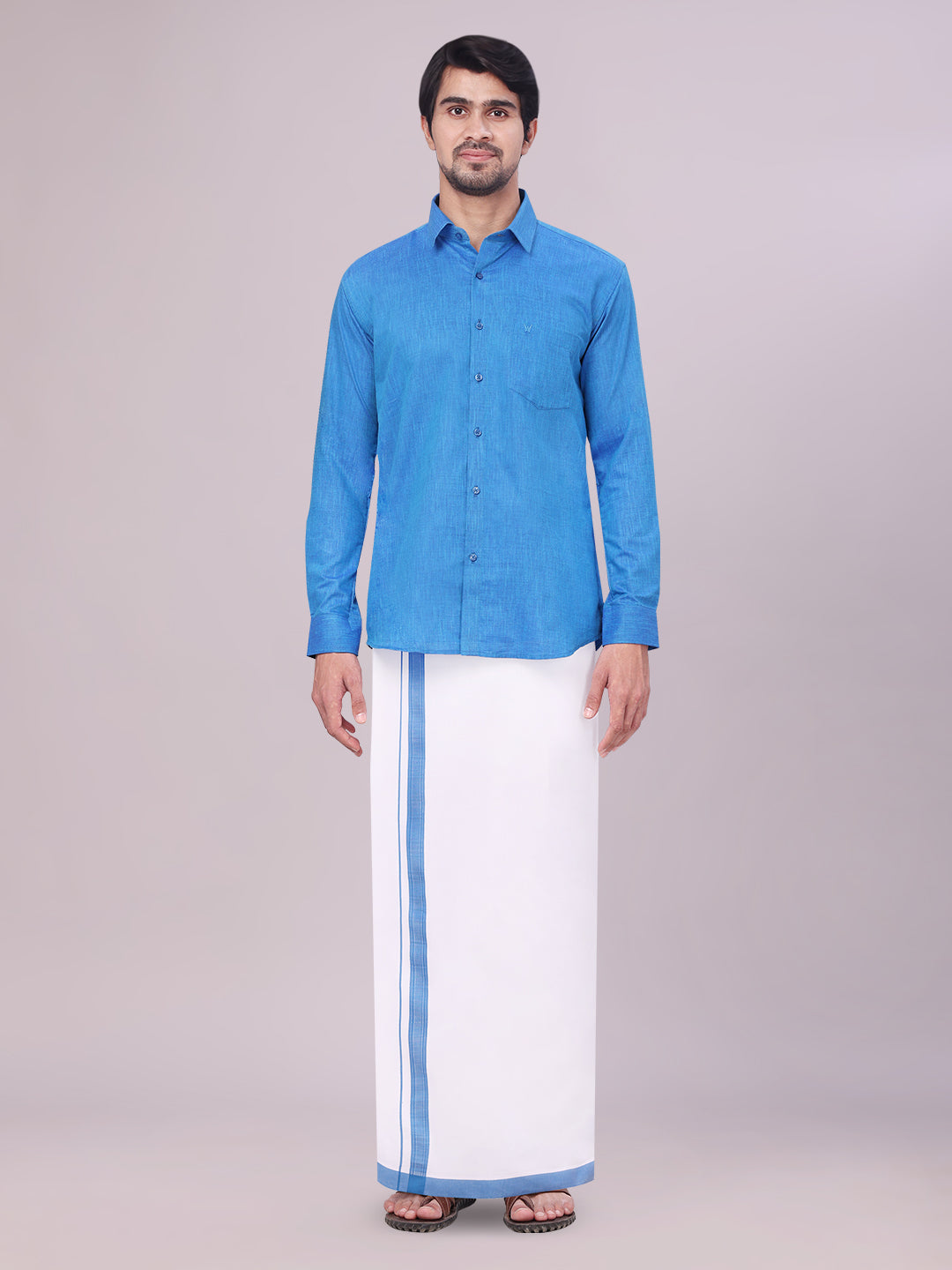 Mens Blue Colour Shirt with Matching Fancy Border Dhoti Combo Lemax