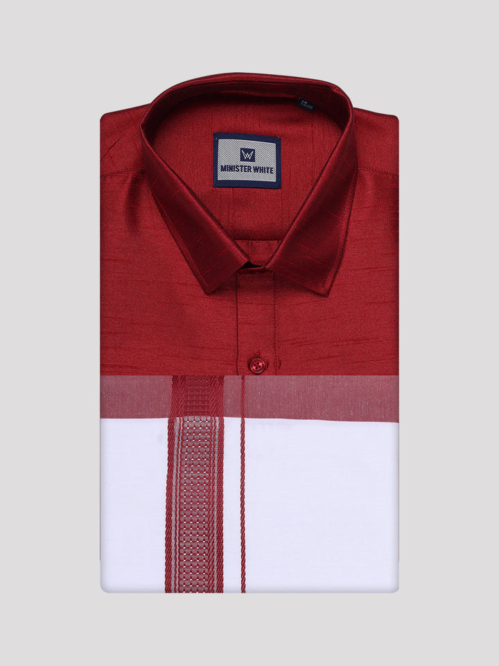 Mens Red Dupion Satin Color Shirt with Matching Border Dhoti Combo Gora