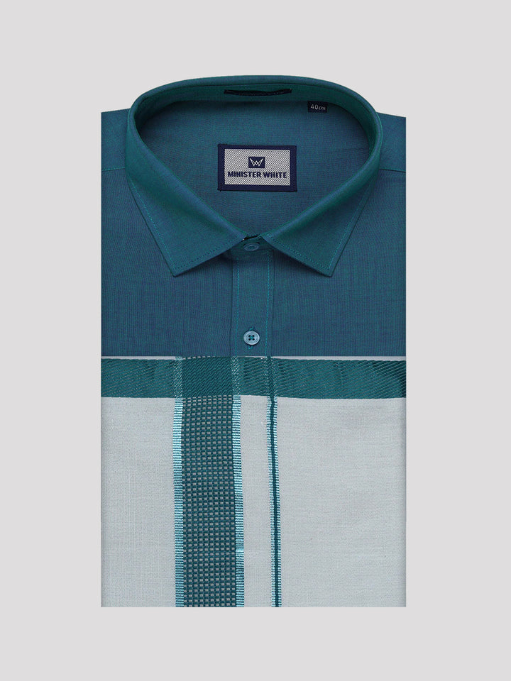 Mens Cotton Green Shirt with Tissue Matching Border Dhoti Wedding Combo Kandala