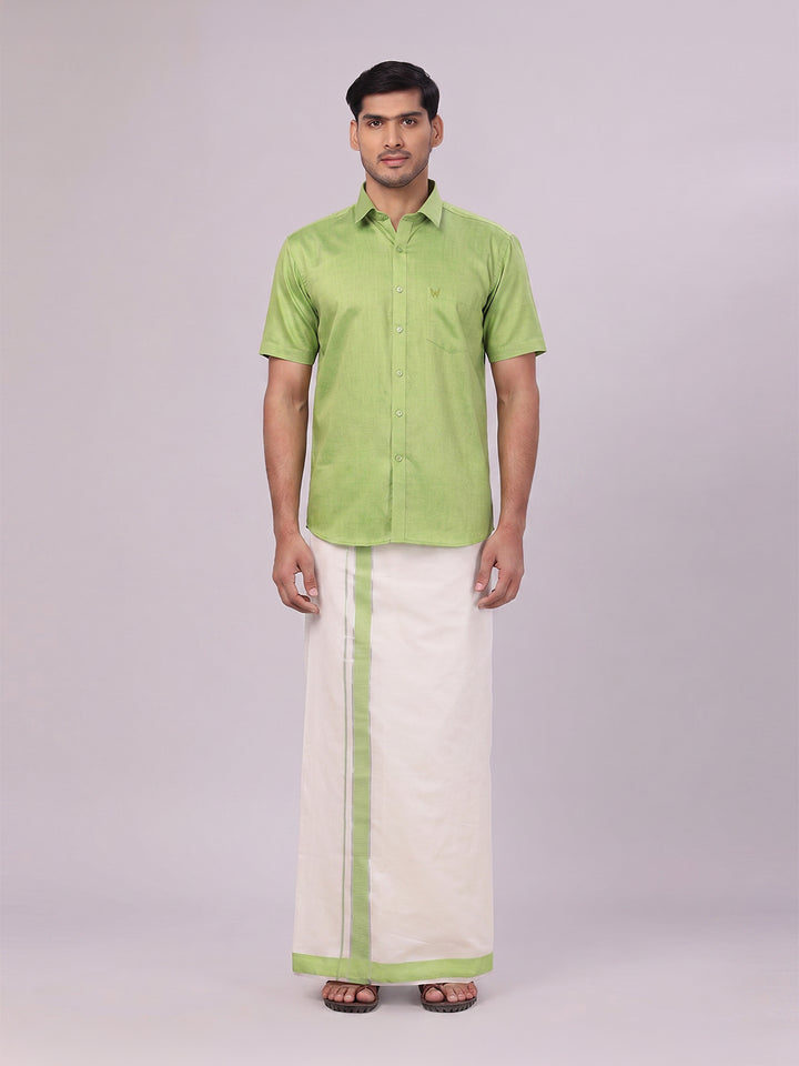 Mens Cotton Light Green Shirt with Tissue Matching Border Dhoti Wedding Combo Kandala