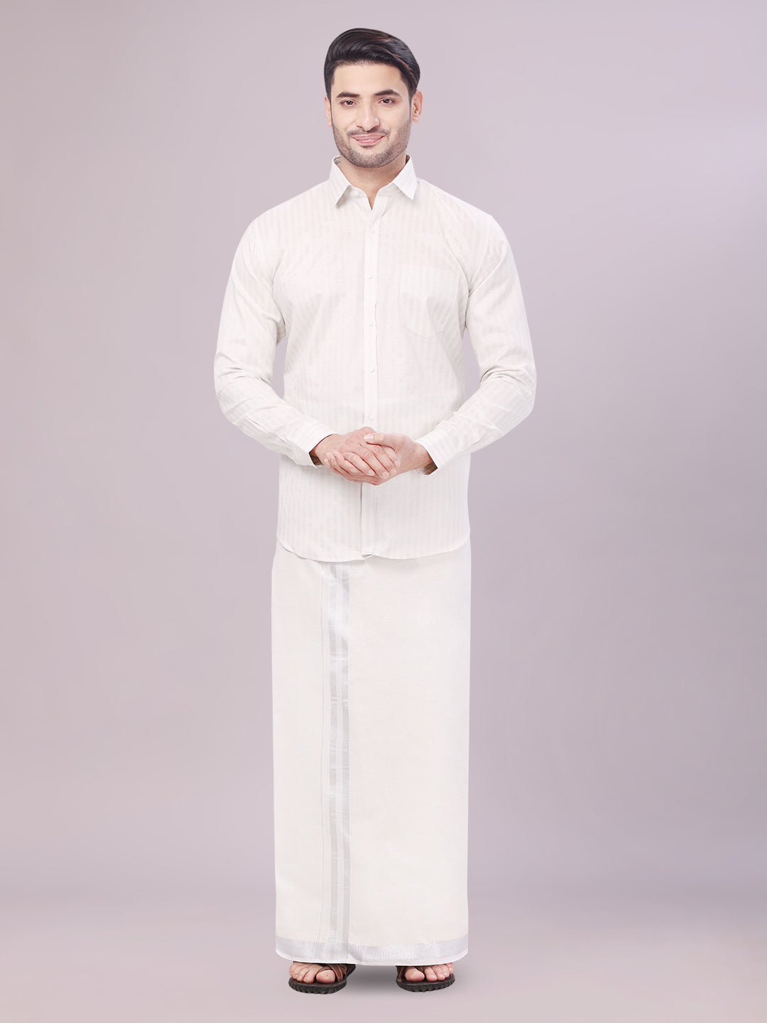 Mens Tissue Stripes Silver Shirt with Plain Jari Border Dhoti Wedding Combo Carter