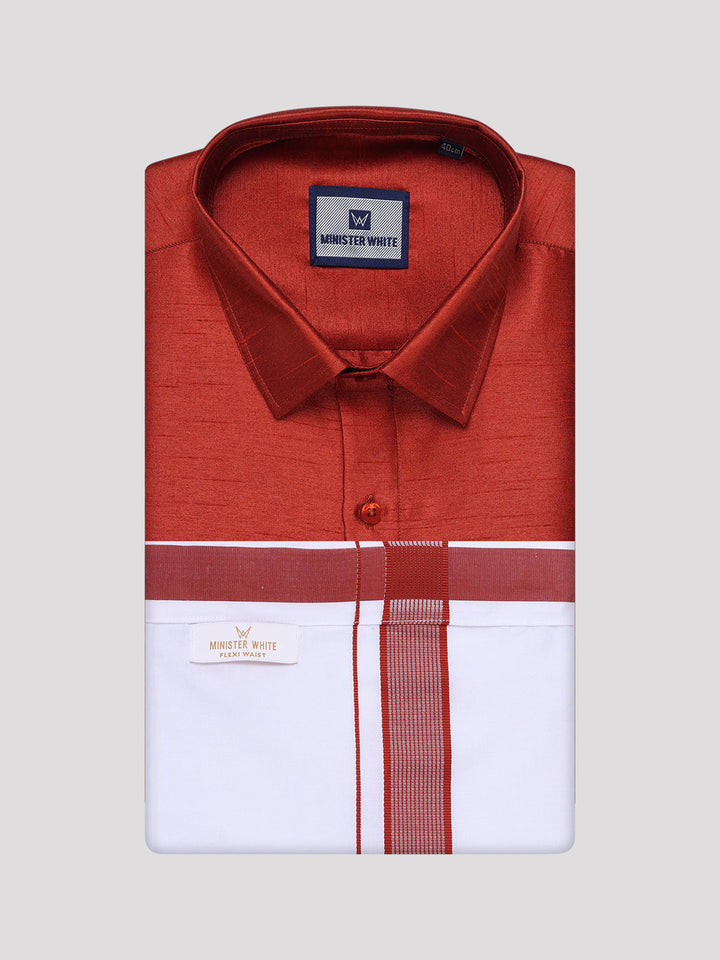 Men's Brick Red Dupion Satin Color Shirt with Matching Border Flexi Dhoti Combo Gora Flexi