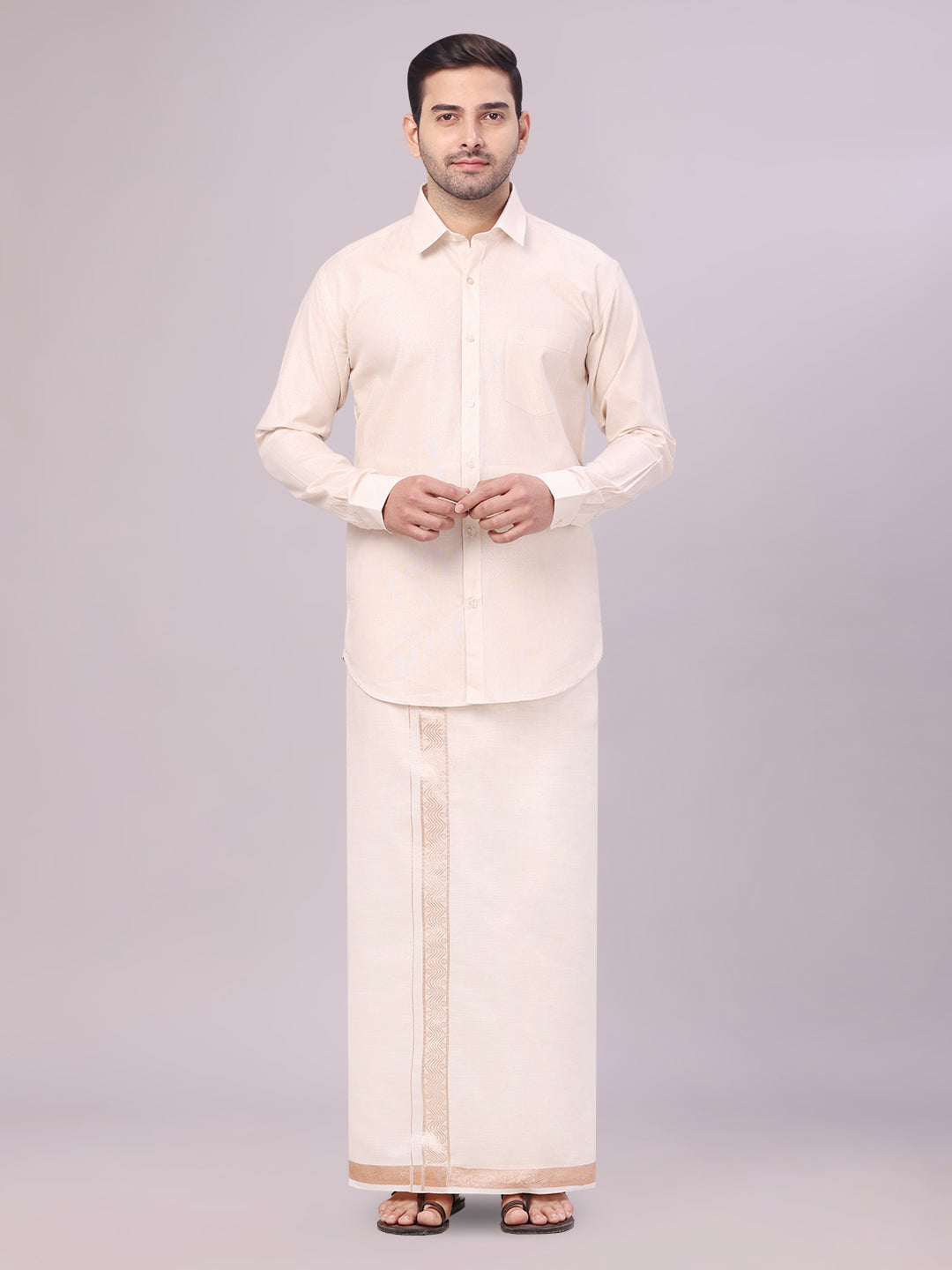 Men's Tissue Light Copper Shirt with Jacquard Fancy Border Flexi Dhoti Wedding Combo Nios