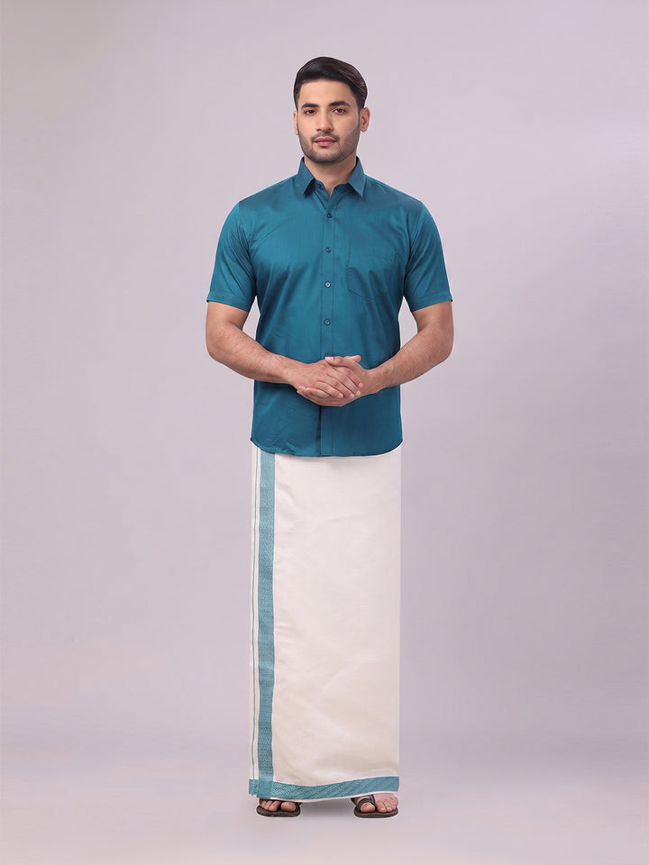 Men's Cotton Steel Blue Shirt and Airtex Matching Border Dhoti Combo Nector