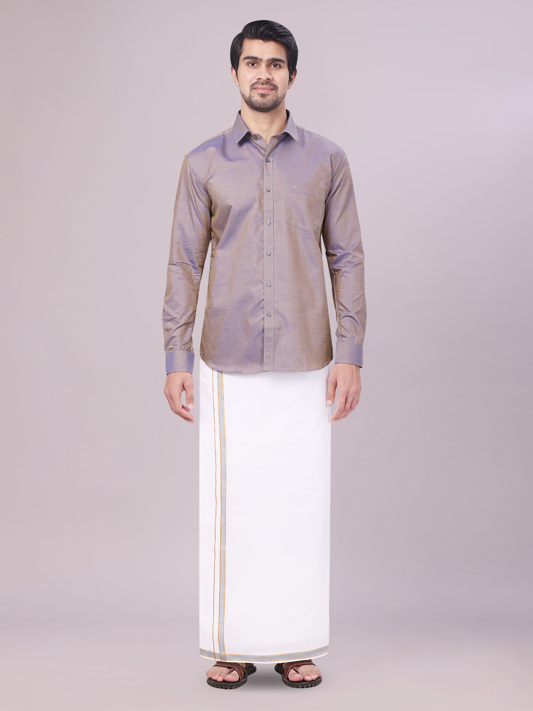 Mens Ash Grey Shirt with Matching Border Dhoti Combo Pinto