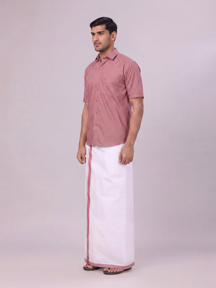 Mens Light Maroon Color Shirt with Matching Border Dhoti Combo Casper