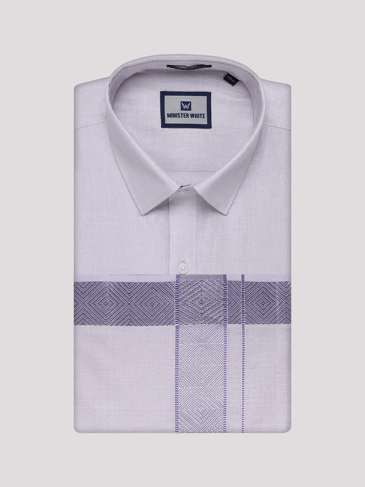 Men's Lavender Tissue Shirt and Dhoti Set with Intricate Jacquard Border Plum