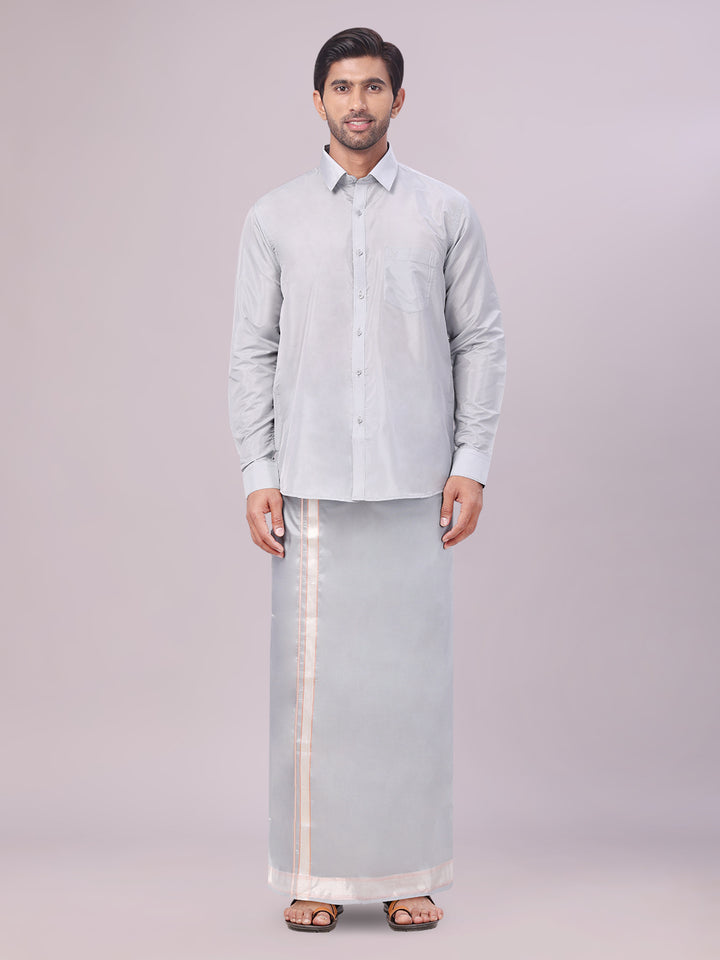 Mens Art Silk Steel Grey Full Sleeves Shirt with Gold Jari Border Dhoti & Towel Combo Blush