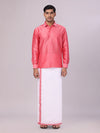 Mens Coral Pink Dupion Satin Shirt with Matching Border Dhoti Combo Gora