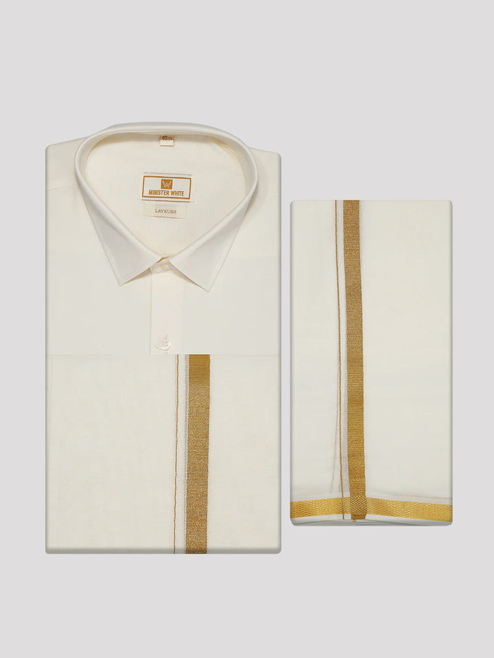 Mens Cotton White Wedding Shirt, Flexi Dhoti & Nerial Combo - Cistus