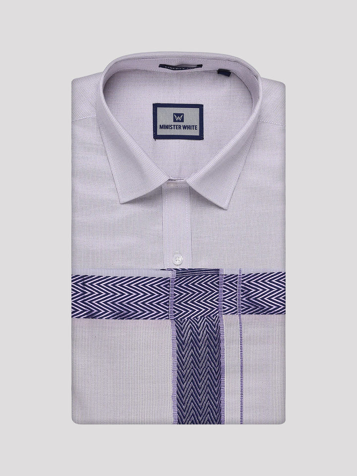 Men's Lavender Tissue Stripe Shirt and Dhoti Combo with Jacquard Border Kane