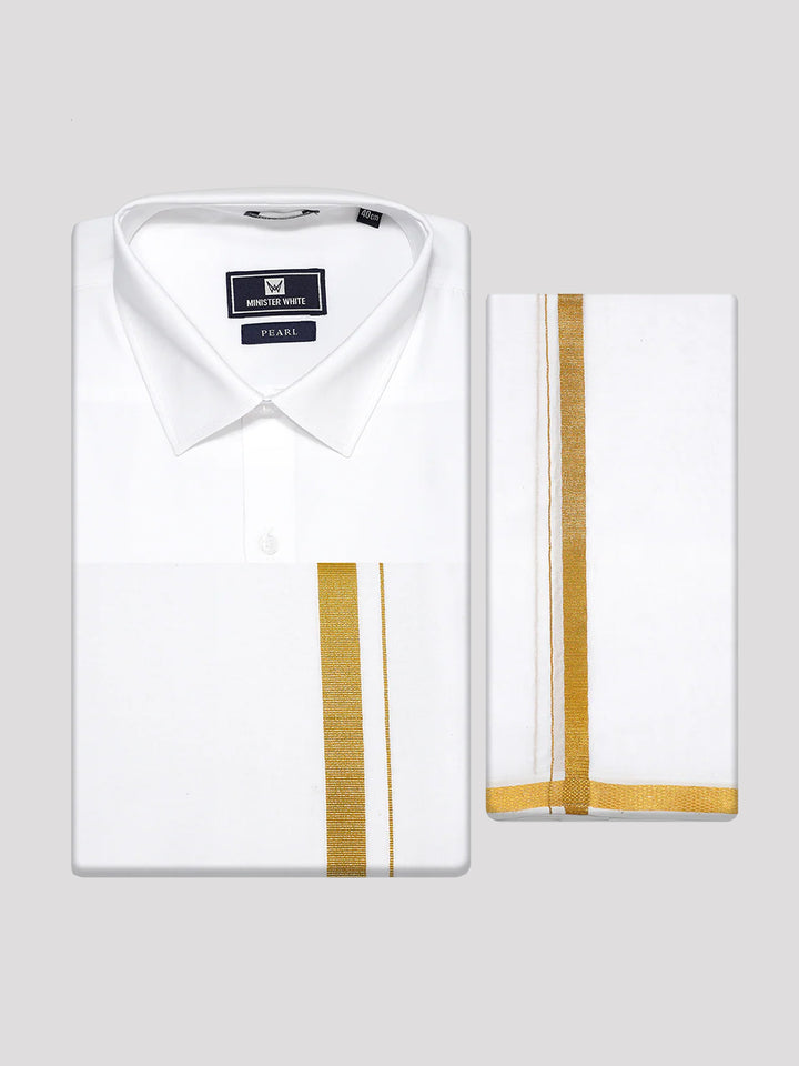 Mens White Full Sleeves Wedding Shirt, Dhoti & Nerial Combo - Cistus_White