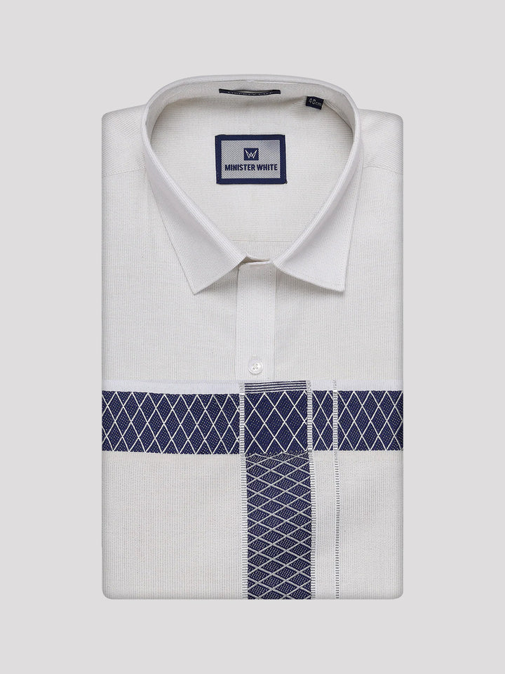 Men's Silver Tissue Stripe Shirt and Dhoti Combo with Jacquard Border Kane