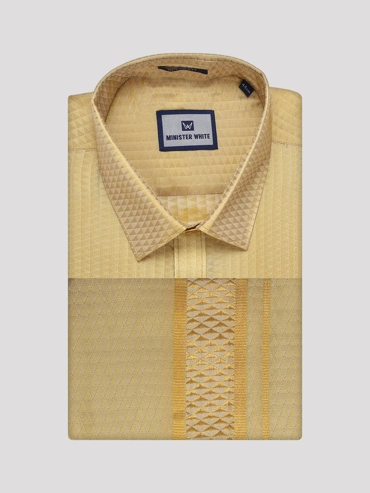 Mens Art Silk Mango Gold Full Sleeves Shirt with 2 1/2" Jari Border Dhoti Combo Nautica