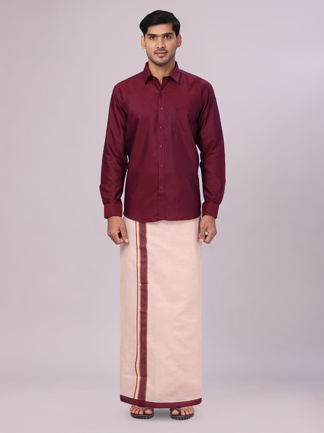 Men's Cotton Maroon Shirt with Tissue Matching Border Dhoti Wedding Combo Kandala