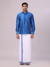 Mens Sky Blue Dupion Satin Color Shirt with Matching Border Flexi Dhoti Combo Gora Flexi