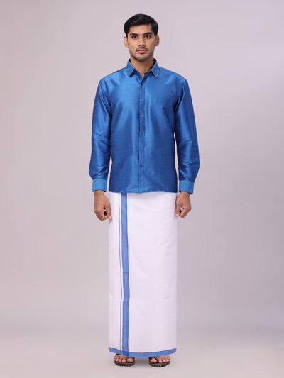 Men's Sky Blue Dupion Satin Color Shirt with Matching Border Flexi Dhoti Combo Gora Flexi