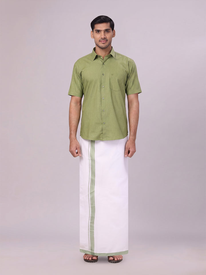 Mens Light Green Color Shirt with Matching Border Dhoti Combo Casper
