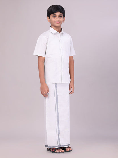 Boys Tissue Grey Colour Shirt with Dhoti Combo side pose