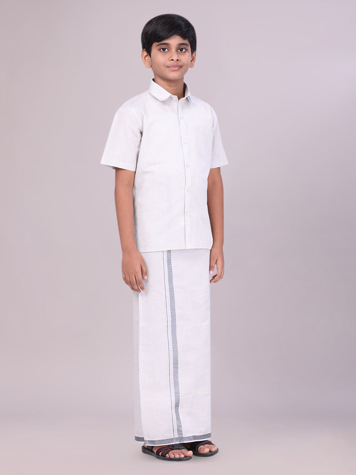 Boys Tissue Grey Colour Shirt with Dhoti Combo side pose