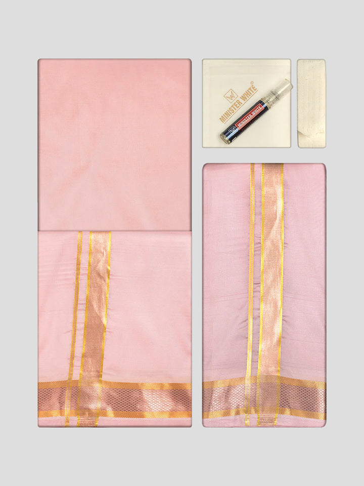 Men's Premium Art Silk Pink Shirt Bit with Gold Jari Border Dhoti Towel Combo Wedding Wonders