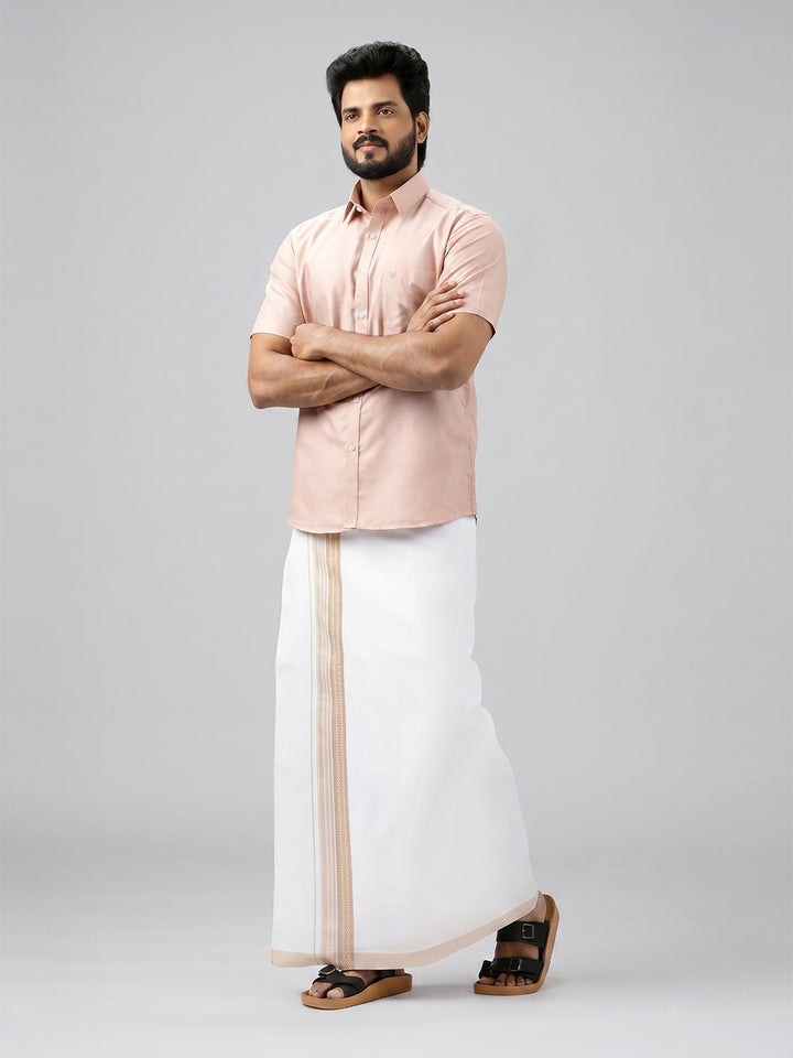 Men's Cotton Beige Matching Shirt with Fancy Printed Border Dhoti Combo Luster Trend