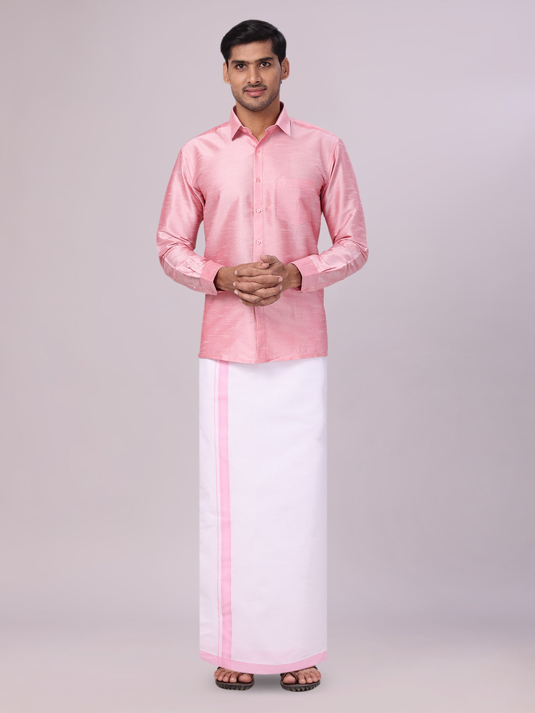 Men's Light Pink Dupion Satin Shirt with Matching Border Dhoti Combo Gora