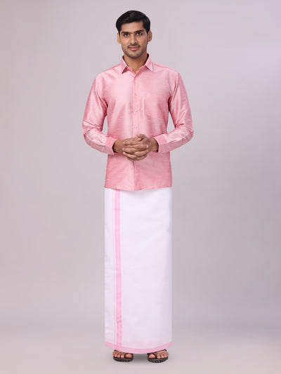 Men's Light Pink Dupion Satin Shirt with Matching Border Dhoti Combo Gora