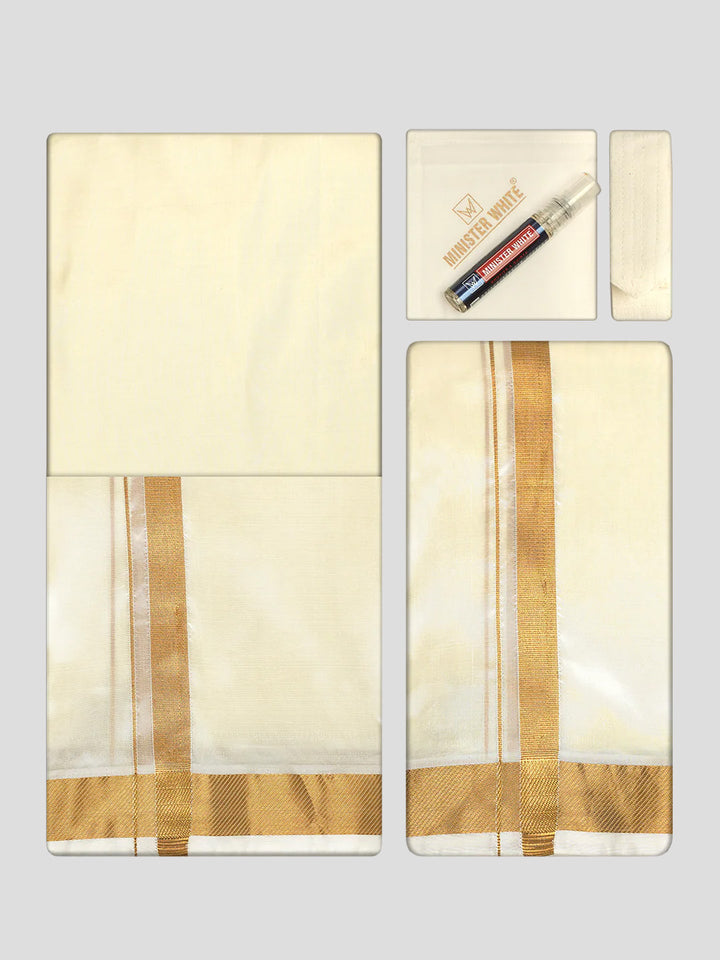Men's Premium Art Silk Cream Shirt Bit with 50k Gold Jari Border Dhoti Towel Combo Wedding Wonders