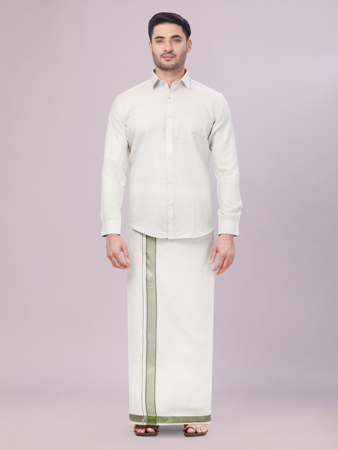 Men's Olive Green Colour Jacquard Shirt with Matching Dhoti Combo Zeebra