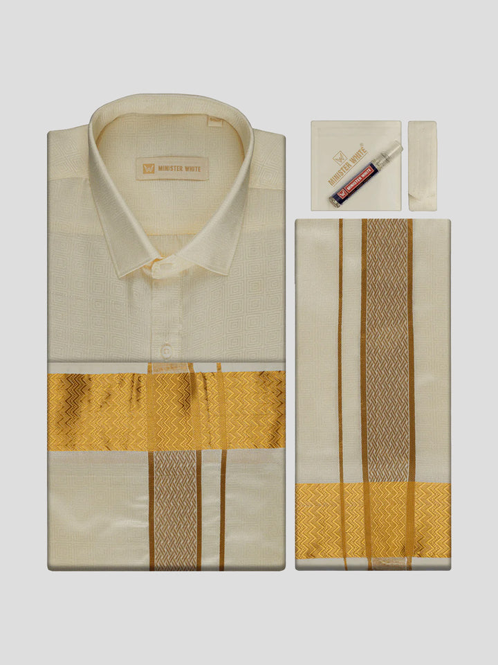 Men's Art Silk Cream Jacquard Full Sleeves Shirt with 2 1/2" Gold Jari Border & Towel Dhoti Combo Nautica