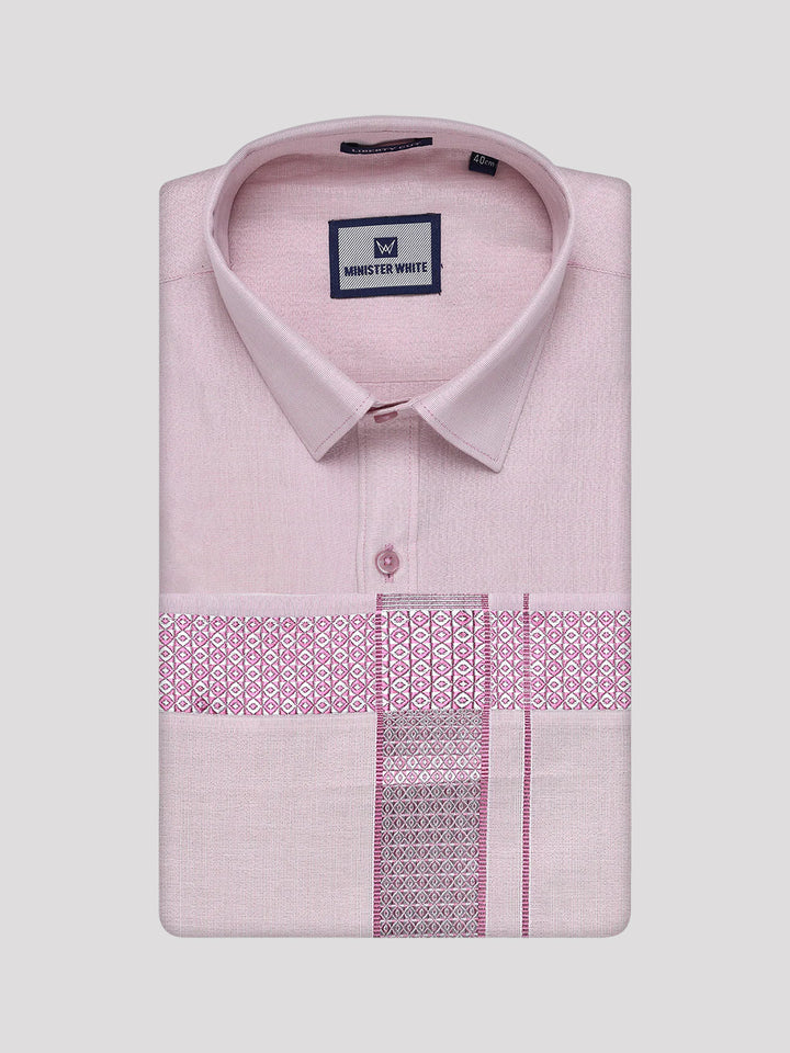 Men's Rose Tissue Shirt and Dhoti Set with Intricate Jacquard Border Plum