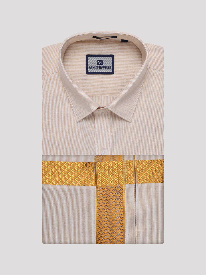 Men's Gold Tissue Stripe Shirt and Dhoti Combo with Jacquard Border Kane