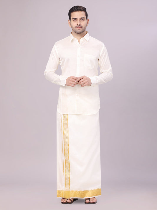 Mens Art Silk Cream Jacquard Full Sleeves Shirt with 2 1/2" Jari Border Dhoti Combo Nautica