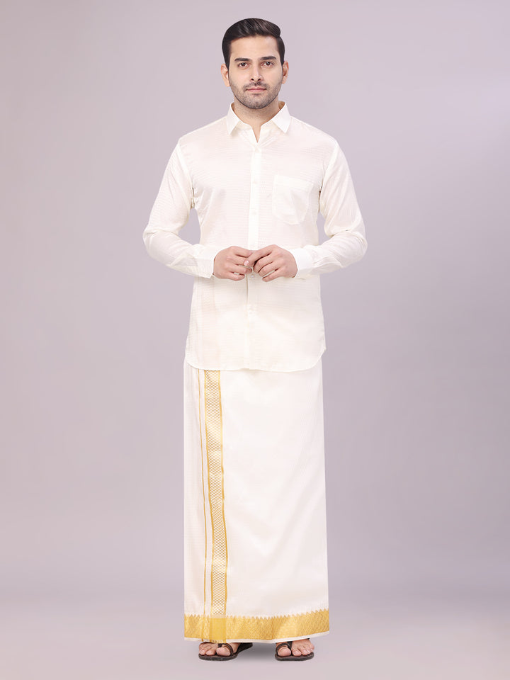 Mens Art Silk Cream Jacquard Full Sleeves Shirt with 2 1/2" Jari Border Dhoti Combo Nautica