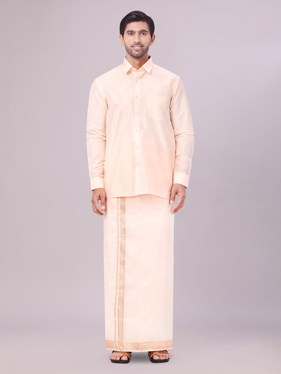 Men's Art Silk Light Peach Full Sleeves Shirt with Copper Jari Border Dhoti Combo Finesse