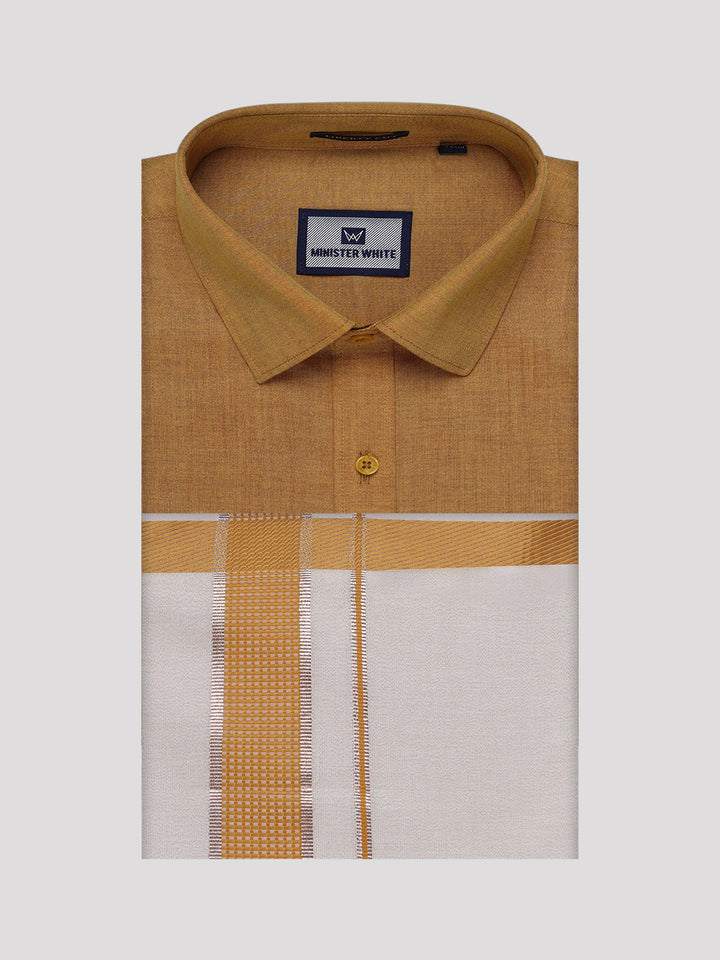 Men's Cotton Mustard Shirt with Tissue Matching Border Dhoti Wedding Combo Kandala