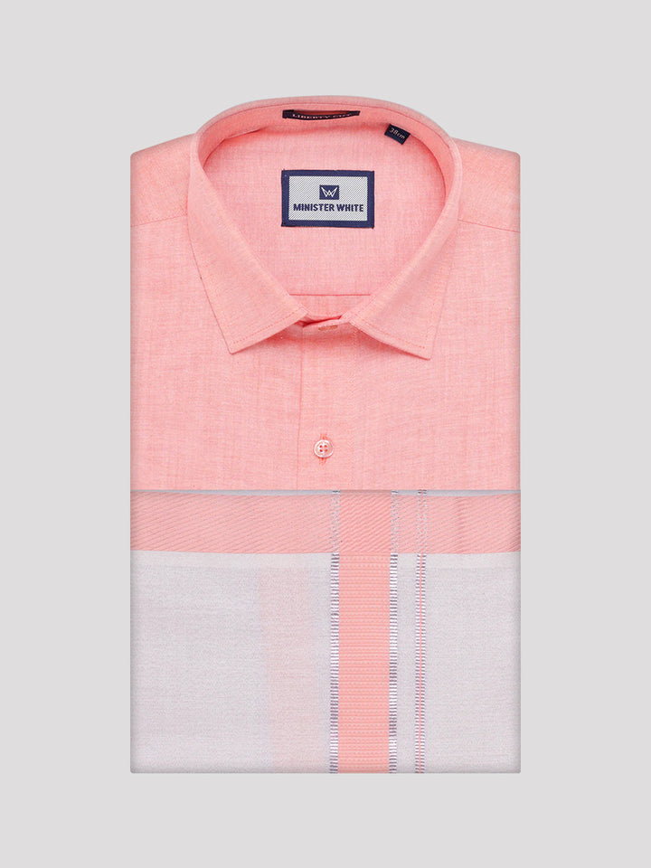 Men's Cotton Peach Shirt with Tissue Matching Border Dhoti Wedding Combo Kandala