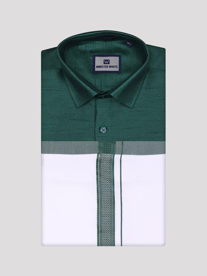 Mens Dark Green Dupion Satin Shirt with Matching Border Dhoti Combo Gora