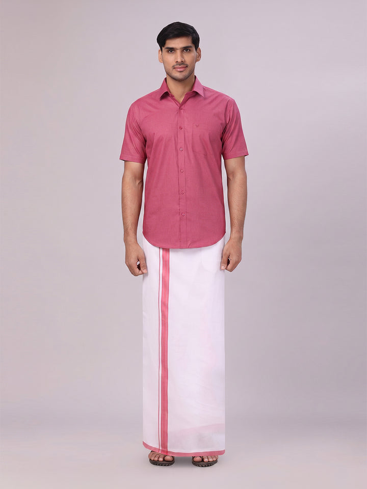 Mens Pink Color Shirt with Matching Border Dhoti Combo Casper