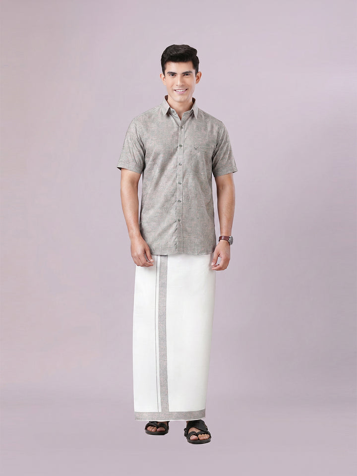 Men's Light Grey Color Digital Printed Shirt with Matching Printed Border Dhoti Combo Varnam