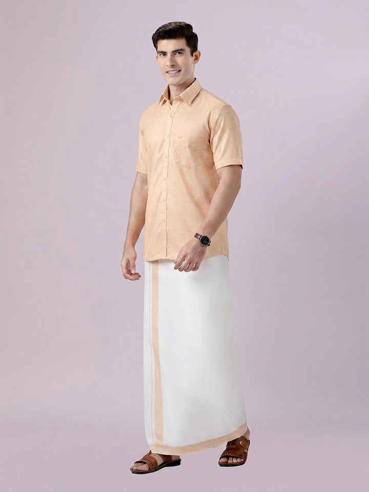 Men's Sun Gold Color Digital Printed Shirt with Matching Printed Border Dhoti Combo Varnam