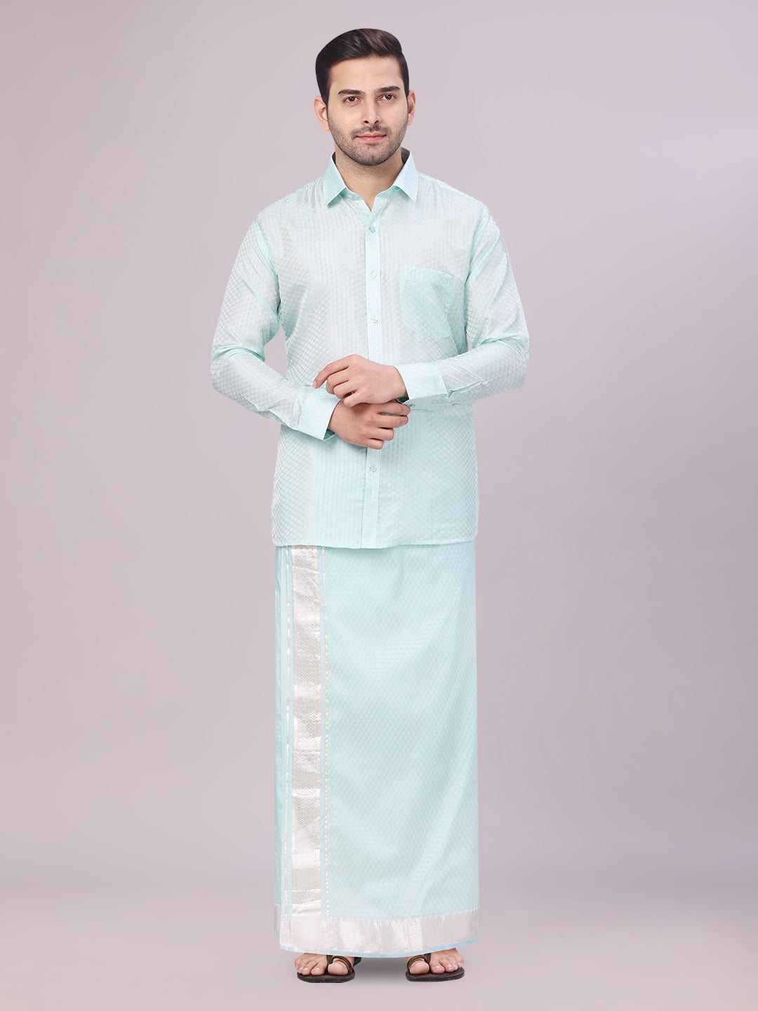 Men's Art Silk Sea Green Jacquard Full Sleeves Shirt with 2 1/2" Jari Border & Towel Dhoti Combo Nautica