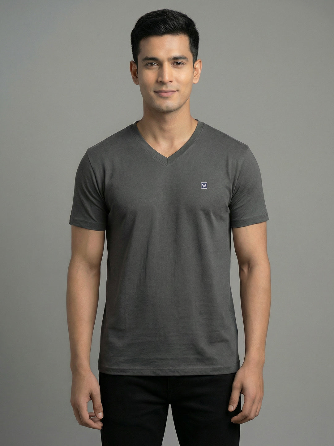 Men's Regular Fit V-Neck Grey T-Shirt Caliber