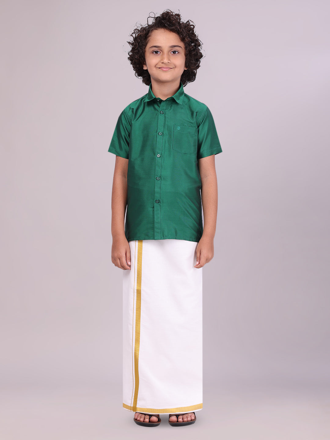 Boys Art Silk Green Half Sleeves Shirt with Gold Jari Flexi Dhoti Towel Combo 