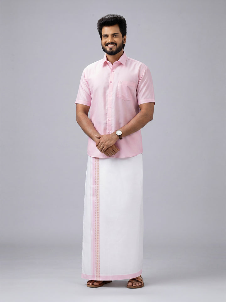 Men's Cotton Light Pink Matching Shirt with Fancy Printed Border Dhoti Combo Luster Trend