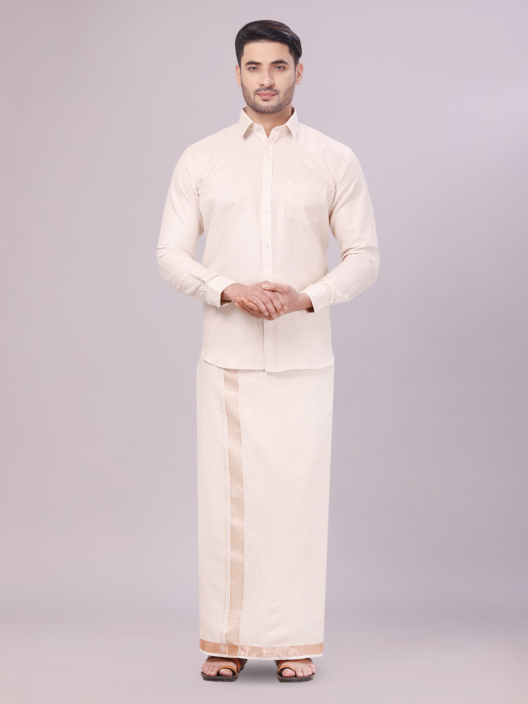 Men's Light Copper Color Jacquard Shirt with Matching Dhoti Combo Zeebra