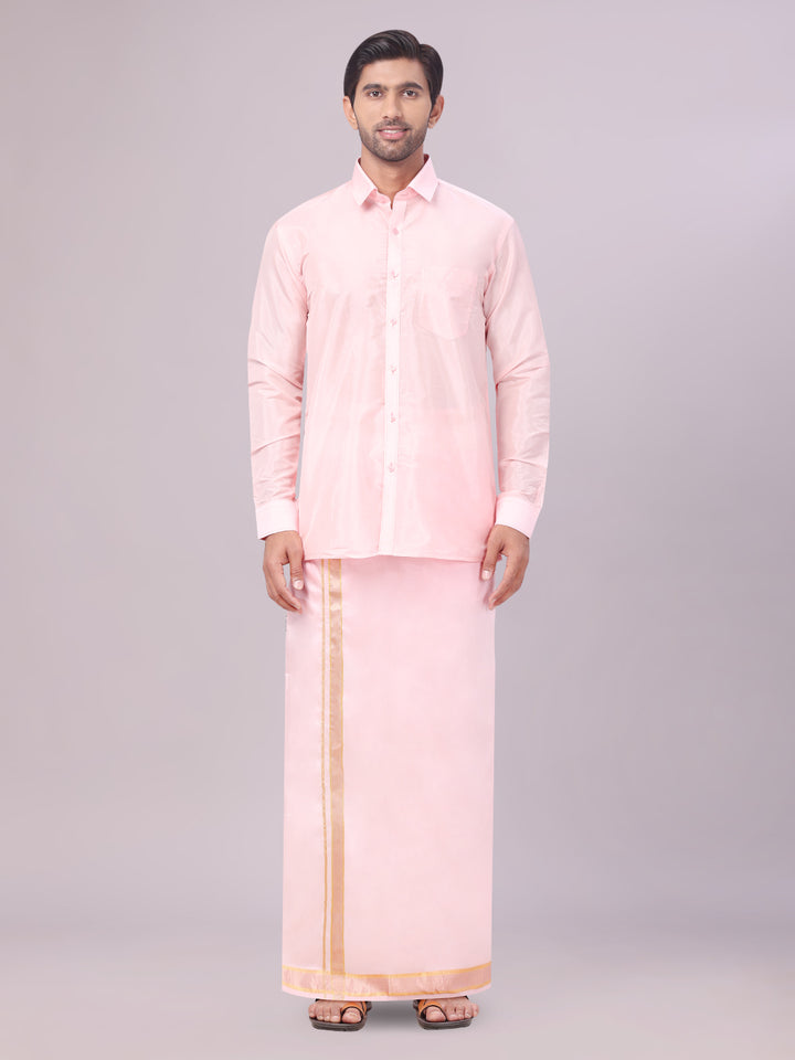 Mens Art Silk Pink Full Sleeves Shirt with Gold Jari Border Flexi Dhoti & Towel Combo Blush
